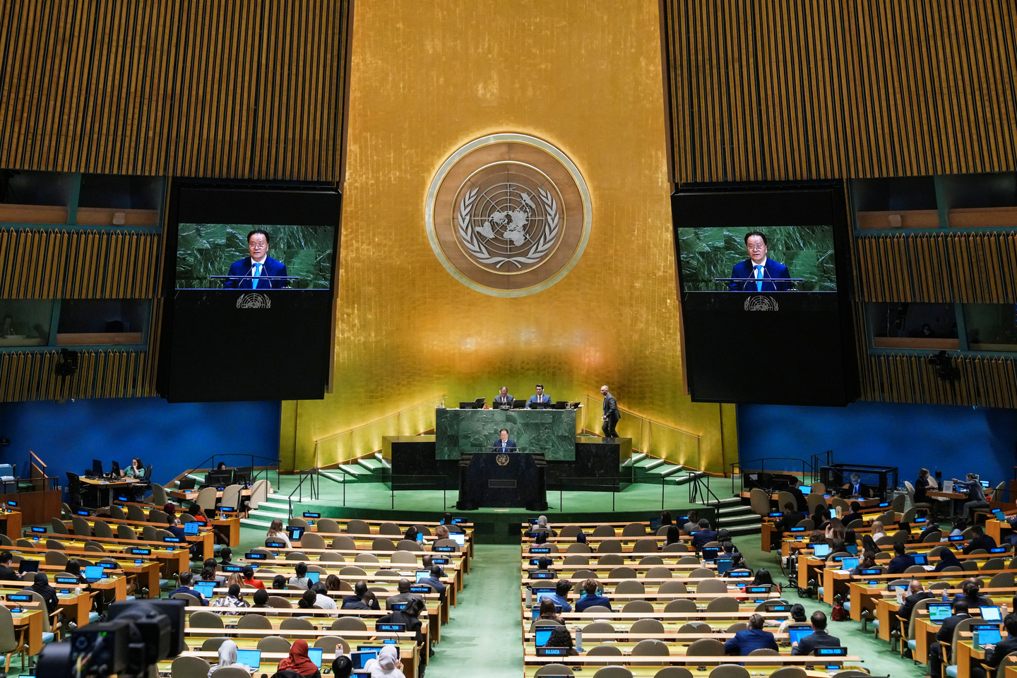 North Korea's Vice Minister for Foreign Affairs Kim Son Gyong addresses the 80th United Nations General Assembly at U.N. headquarters in New York City, U.S., Sept. 29, 2025. [REUTERS/YONHAP]