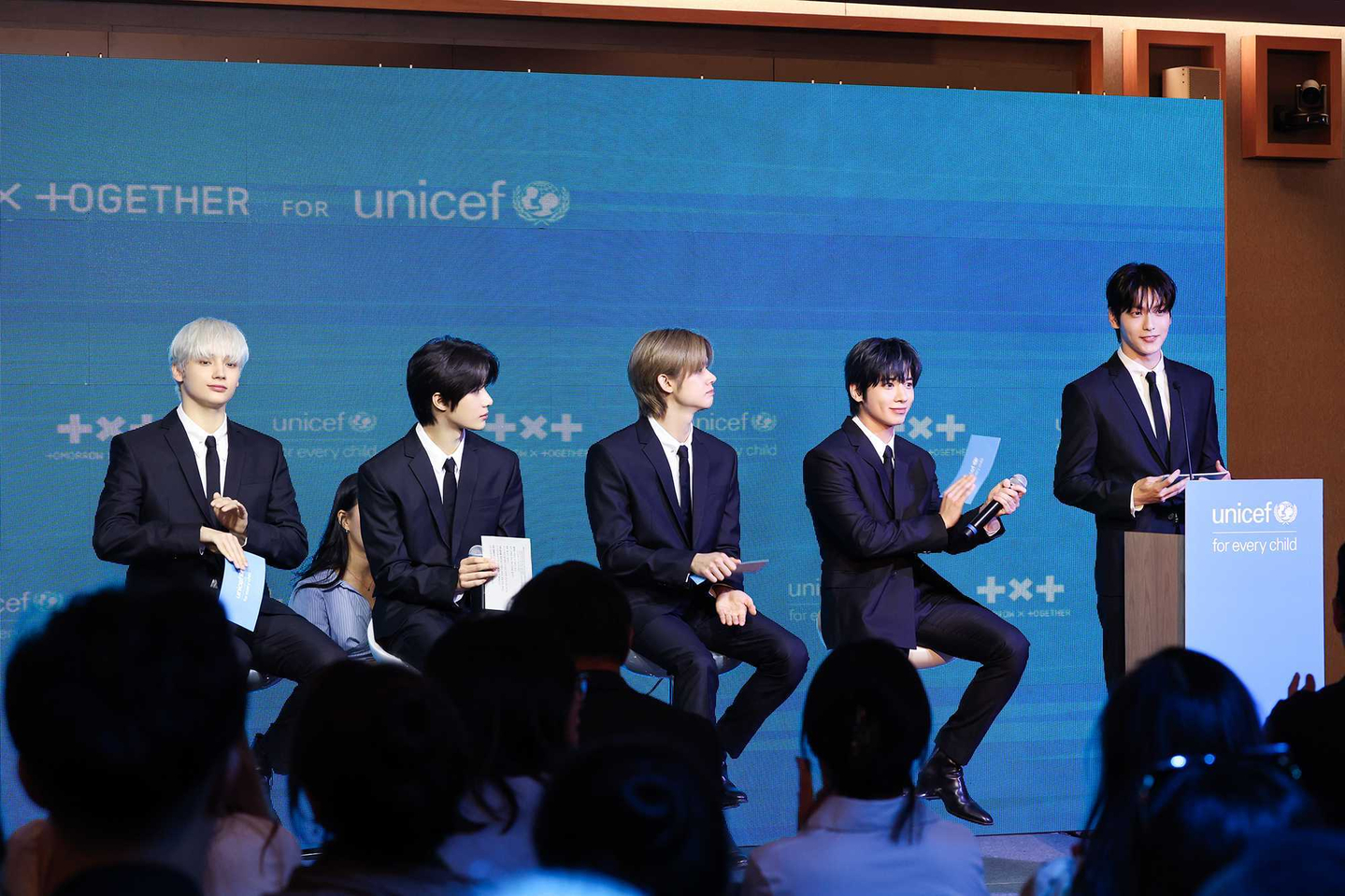 Boy band Tomorrow X Together member Soobin speaks during a campaign partnership event with Unicef at the organization's headquarters in New York on Sept. 30. [UNICEF]