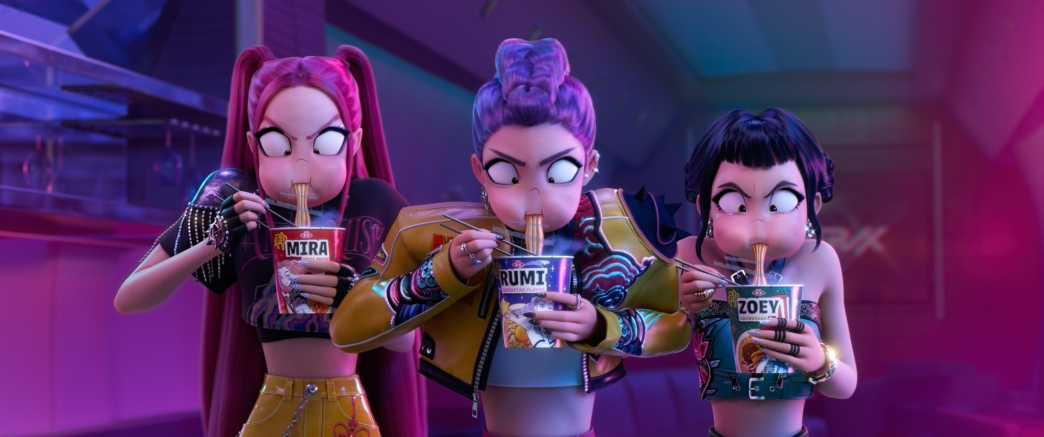 Still from Netflix's ″KPop Demon Hunters,″ featuring HUNTR/X's members eating instant cup noodles [NETFLIX]