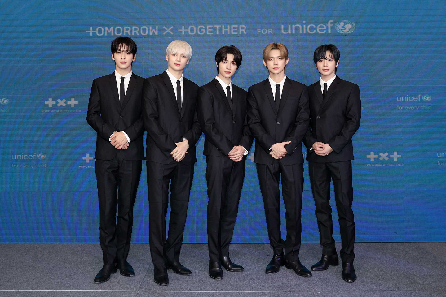 Boy band Tomorrow X Together poses during a campaign partnership event with Unicef at the organization's headquarters in New York on Sept. 30. [UNICEF]
