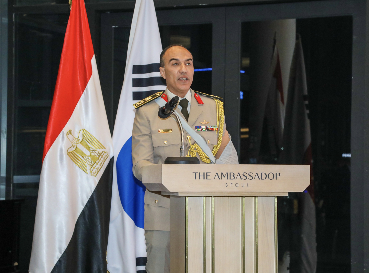 Defense Attaché of Egypt Col. Hamdi Tawfik delivers his welcoming remarks in celebration of the 52nd Egyptian Armed Forces Day on Sept. 30 at the Ambassador Seoul - A Pullman Hotel in Jung District, central Seoul. [EMBASSY OF EGYPT]