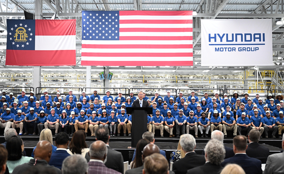 Hyundai Motor Group Chair Euisun Chung speaks at the completion ceremony for the new Metaplant America (HMGMA) plant in Georgia on March 26. [HYUNDAI MOTOR GROUP]