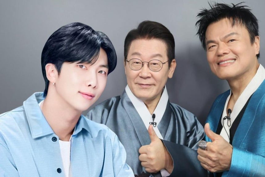 President Lee Jae Myung, center, and producer Park Jin-young, right, take a photo with a virtual version of BTS member RM inside a photo booth during the launch ceremony of the Presidential Committee on Popular Culture Exchange in Goyang, Gyeonggi, on Oct. 1. [SCREEN CAPTURE]