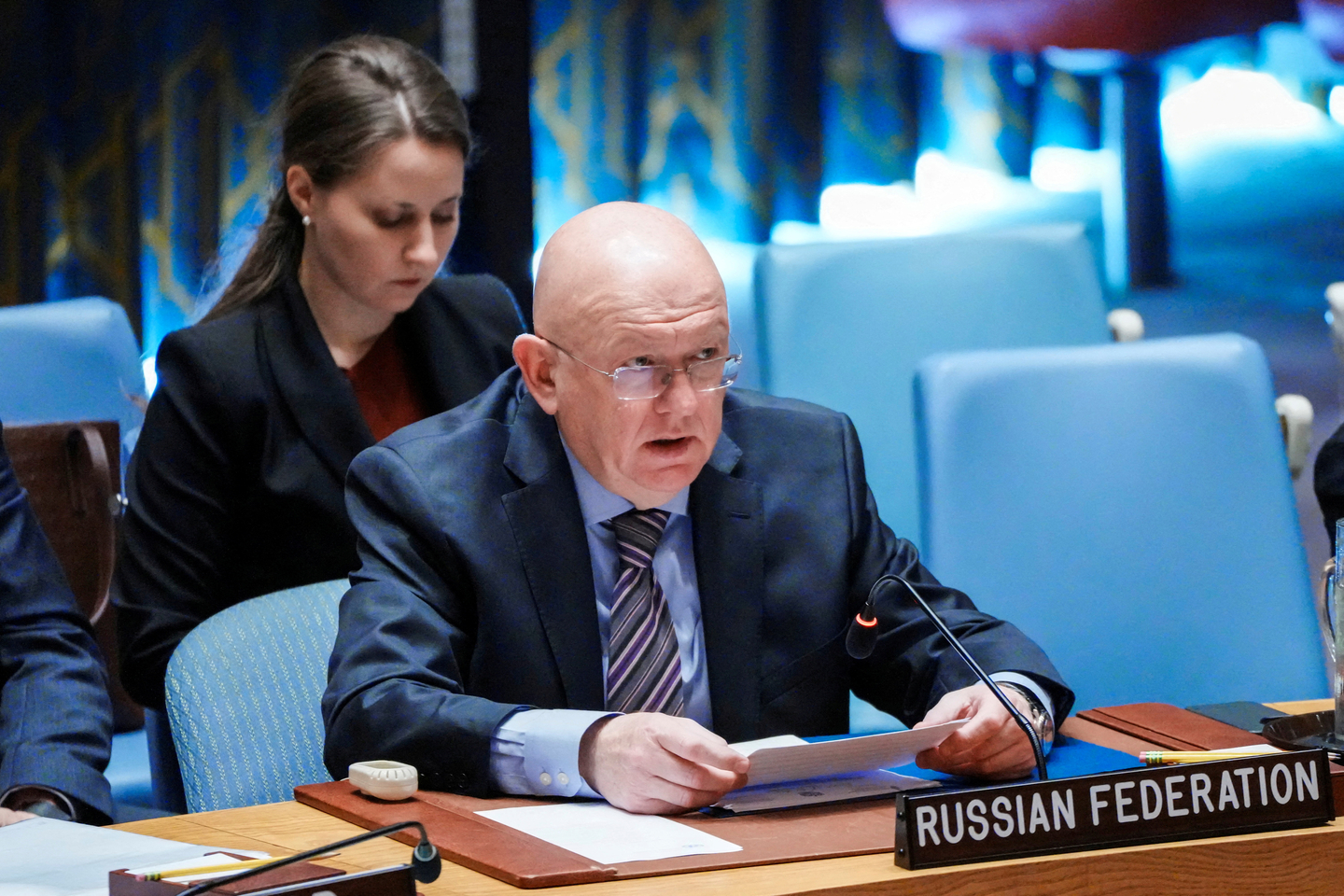 The Russia Federation's Ambassador to the United Nations Vassily Nebenzia, addresses members of the UN Security Council after casting his vote on a resolution that would permanently lift UN sanctions on Iran, at UN headquarters in New York City, Sept. 19. [REUTERS/YONHAP]