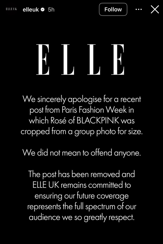 Elle UK issued an apology Friday about its recent Instagram upload that excluded Blackpink member Rose from a photo taken during Paris Fashion Week. [SCREEN CAPTURE]