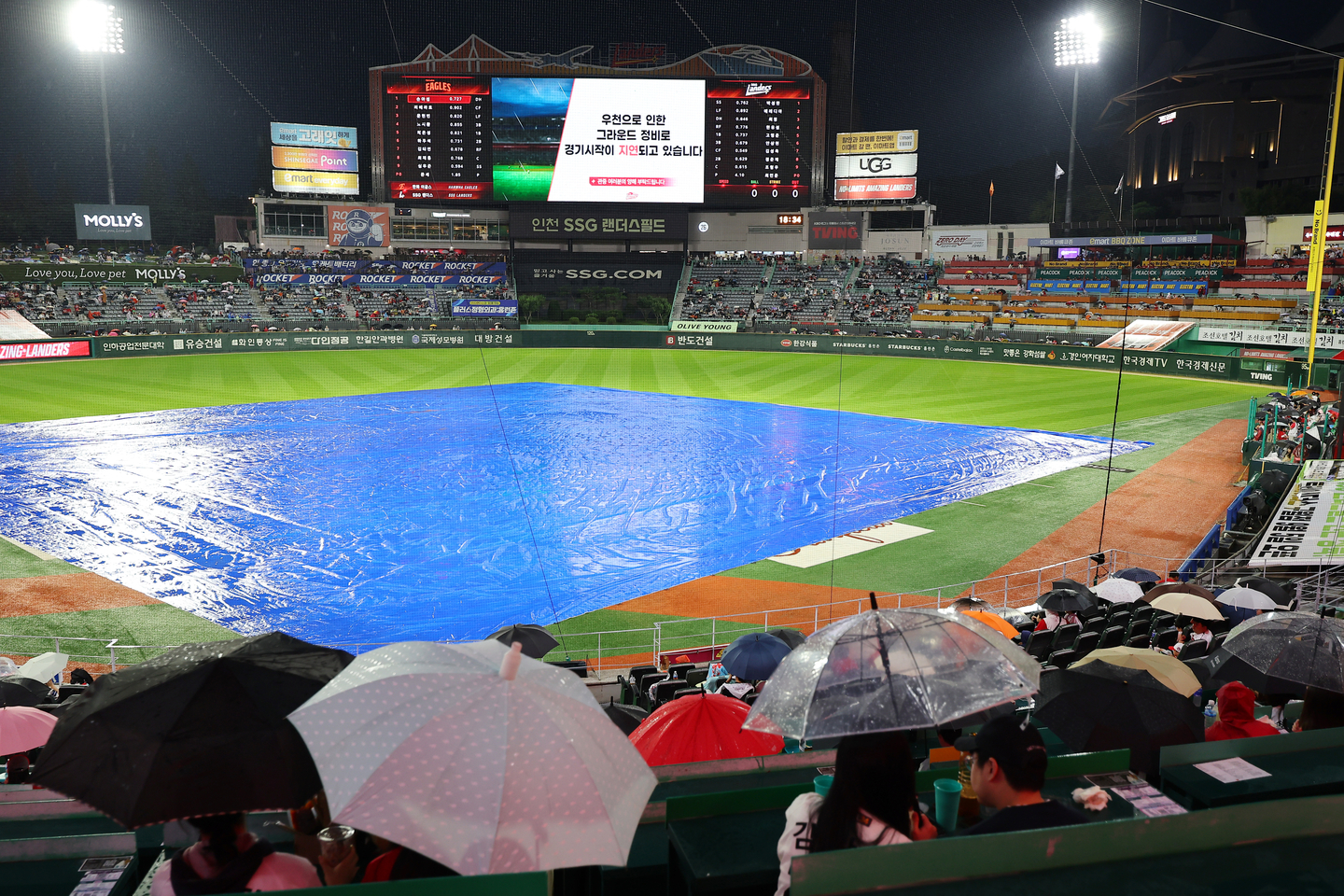 A waterproof cover is placed on the baseball field at Incheon SSG Landers Field on Oct. 1. [YONHAP] 