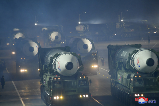 The Hwasong-17 Intercontinental ballistic missile is displayed during a military parade at Kim Il Sung Square in Pyongyang on Feb. 8, 2023, marking the 75th anniversary of the founding of the Korean People’s Army. [KOREAN CENTRAL NEWS AGENCY]
