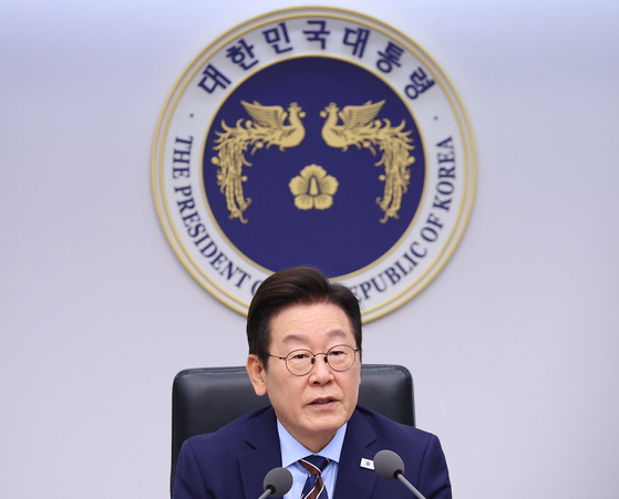 President Lee Jae Myung speaks during a senior aides' meeting at the presidential office in Yongsan, central Seoul, on Oct. 2. [YONHAP]