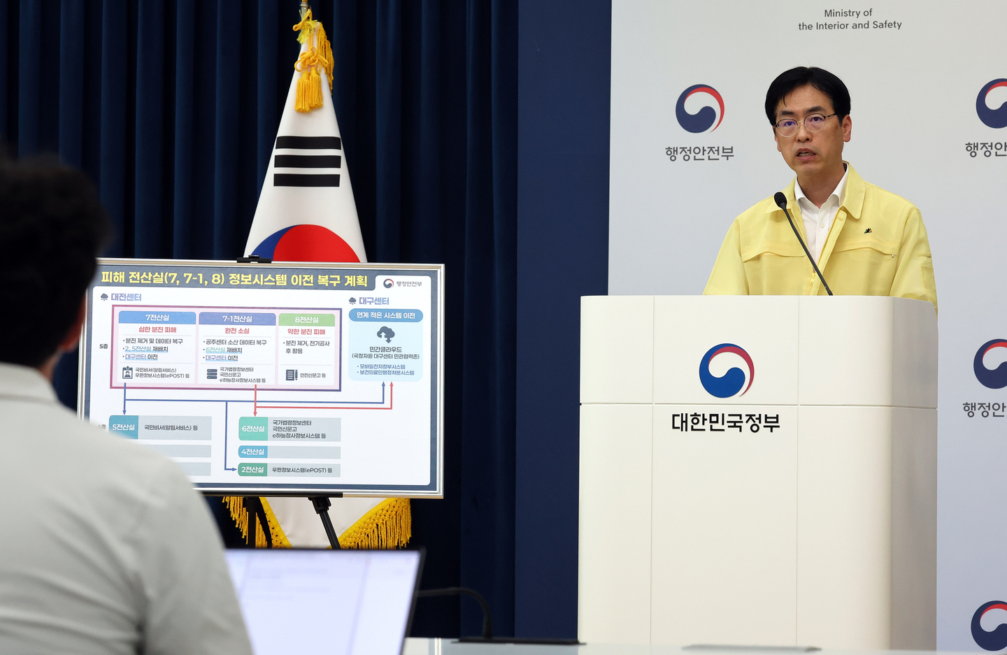 Kim Min-jae, first deputy director of the Central Disaster and Safety Countermeasure Headquarters and vice minister of the interior and safety, speaks during a press briefing at the government complex in Sejong on Oct. 9. [YONHAP]