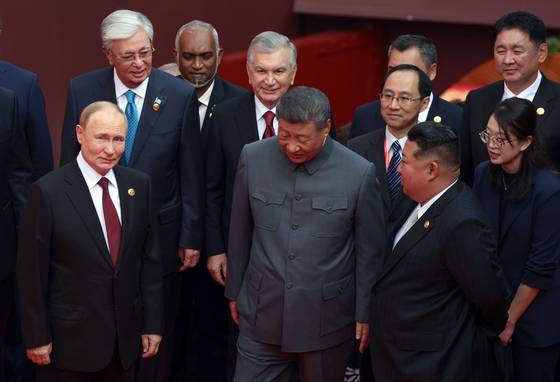 From front left: Russian President Vladimir Putin, Chinese President Xi Jinping, North Korean leader Kim Jong-un arrive to attend a military parade marking the 80th anniversary of victory in the Chinese People's War of Resistance against Japanese Aggression in Beijing, China on Sept. 3. [EPA/YONHAP]