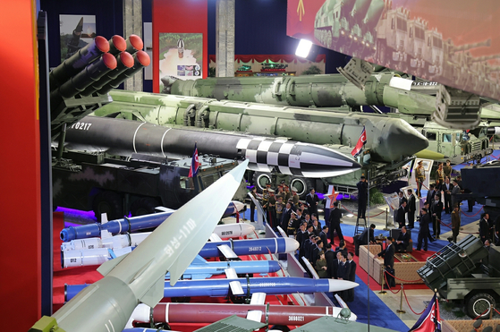 This image published by the Korean Central News Agency on Oct. 5, shows North Korea's Defence Development-2025, which kicked off in Pyongyang on Oct. 4. [RODONG SINMUN]