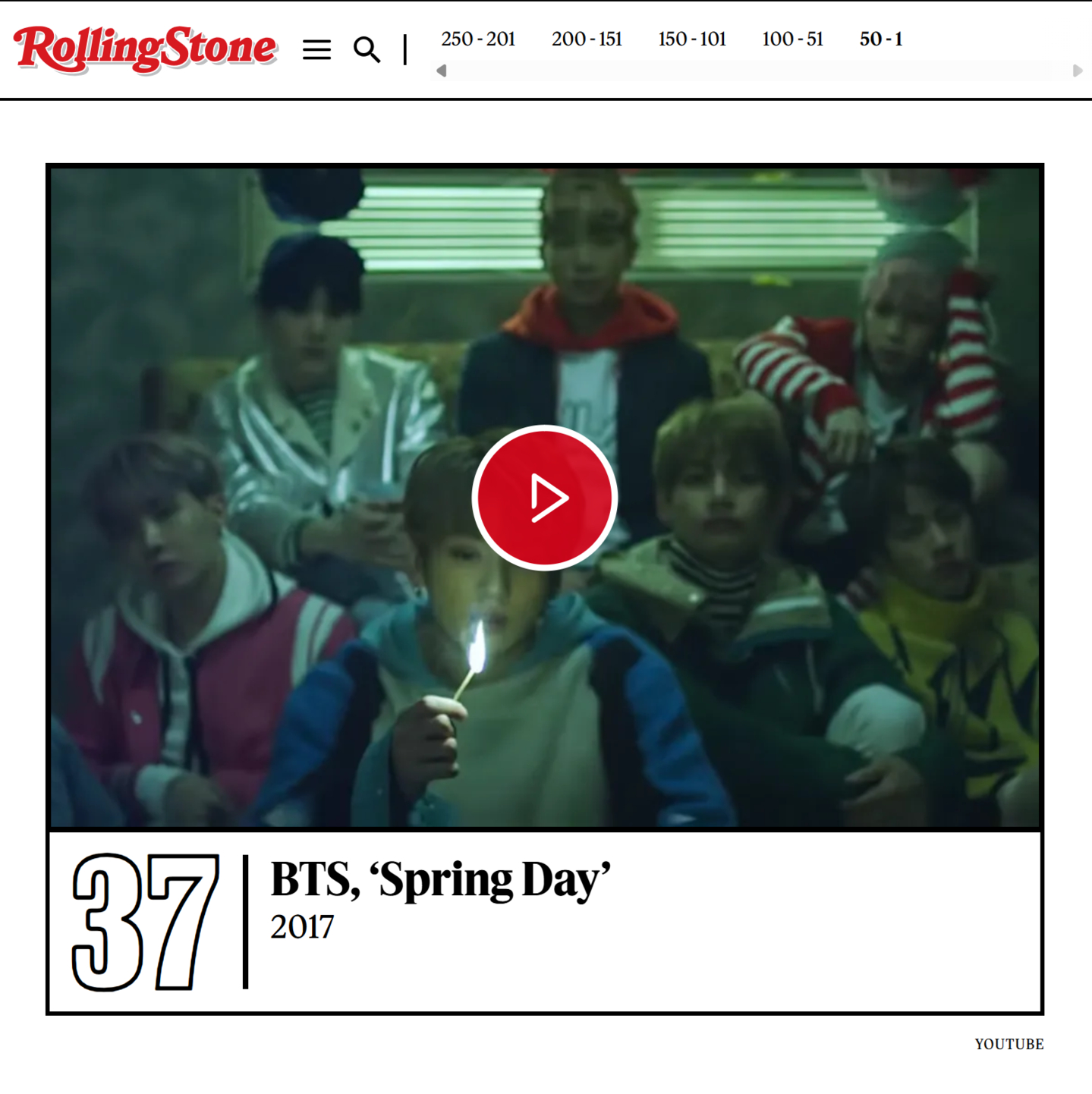 ″Spring Day″ (2017) listed on ″The 250 Greatest Songs of the 21st Century So Far″ article by Rolling Stone [SCREEN CAPTURE]