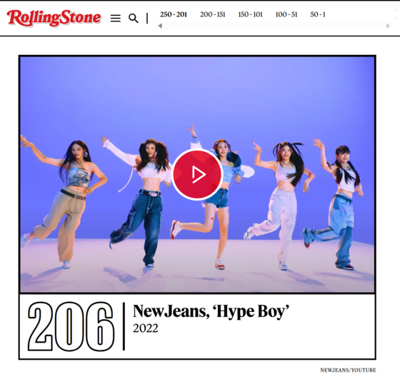 NewJeans' ″Hype Boy″ (2022) listed on ″The 250 Greatest Songs of the 21st Century So Far″ article by Rolling Stone [SCREEN CAPTURE]