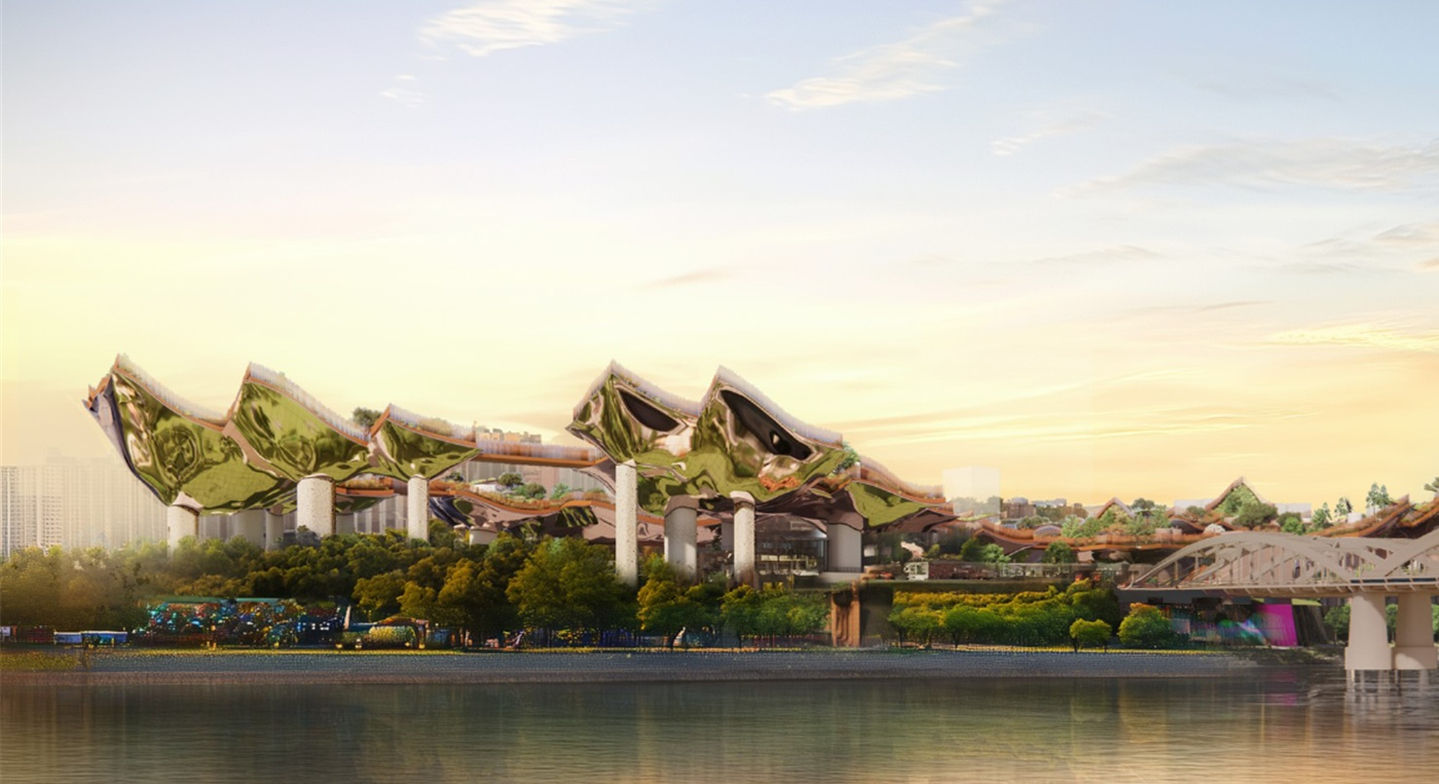 A digitally rendered image of the Heatherwick Studio's vision of the new Nodeul Island in Yongsan District, central Seoul [HEATHERWICK STUDIO]