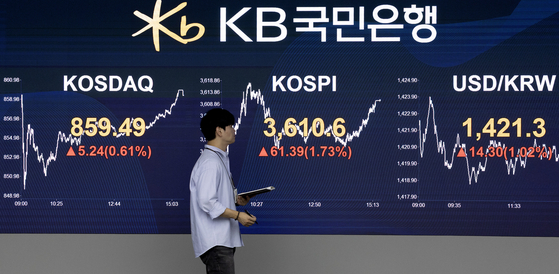 Electronic display boards in a dealing room at Kookmin Bank in Yeouodo, western Seoul shows the stock market on Friday. The benchmark Kospi broke 3,600 points, setting an all-time high on the first trading day since the weeklong Chuseok havest holiday. [JOONGANG ILBO] 