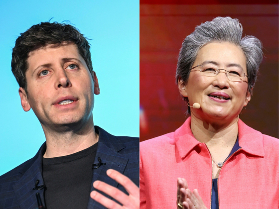 This combination of pictures shows OpenAI CEO Sam Altman, left, in Tokyo on Feb. 3, and Chairwoman and CEO of Advanced Micro Devices (AMD) Lisa Su at Taiwan's premier tech expo in Taipei on June 3, 2024. [AFP/YONHAP]