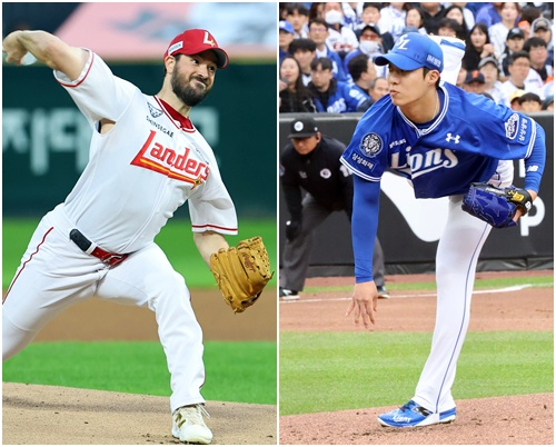 SSG Landers pitcher Drew Anderson, left, and Samsung Lions pitcher Won Tae-in [YONHAP] 