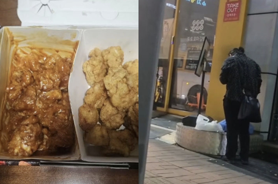 Half eaten chicken box, left, and a delivery driver eating from an order that they are delivering [SCREEN CAPTURE] 