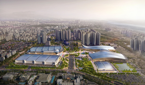 A 3-D rendering image of Kintex exhibition centers 1, 2 and 3 after construction is completed in 2028 in Goyang, Gyeonggi [GOYANG CITY]