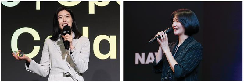 Left: Kakao CEO Chung Shin-a speaks at the company's developer conference in Yongin, Gyeonggi, on Sept. 23. Right: Naver CEO Choi Soo-yeon speaks at the company's networking event held in Silicon Valley on June 8. [NEWS1, NAVER]