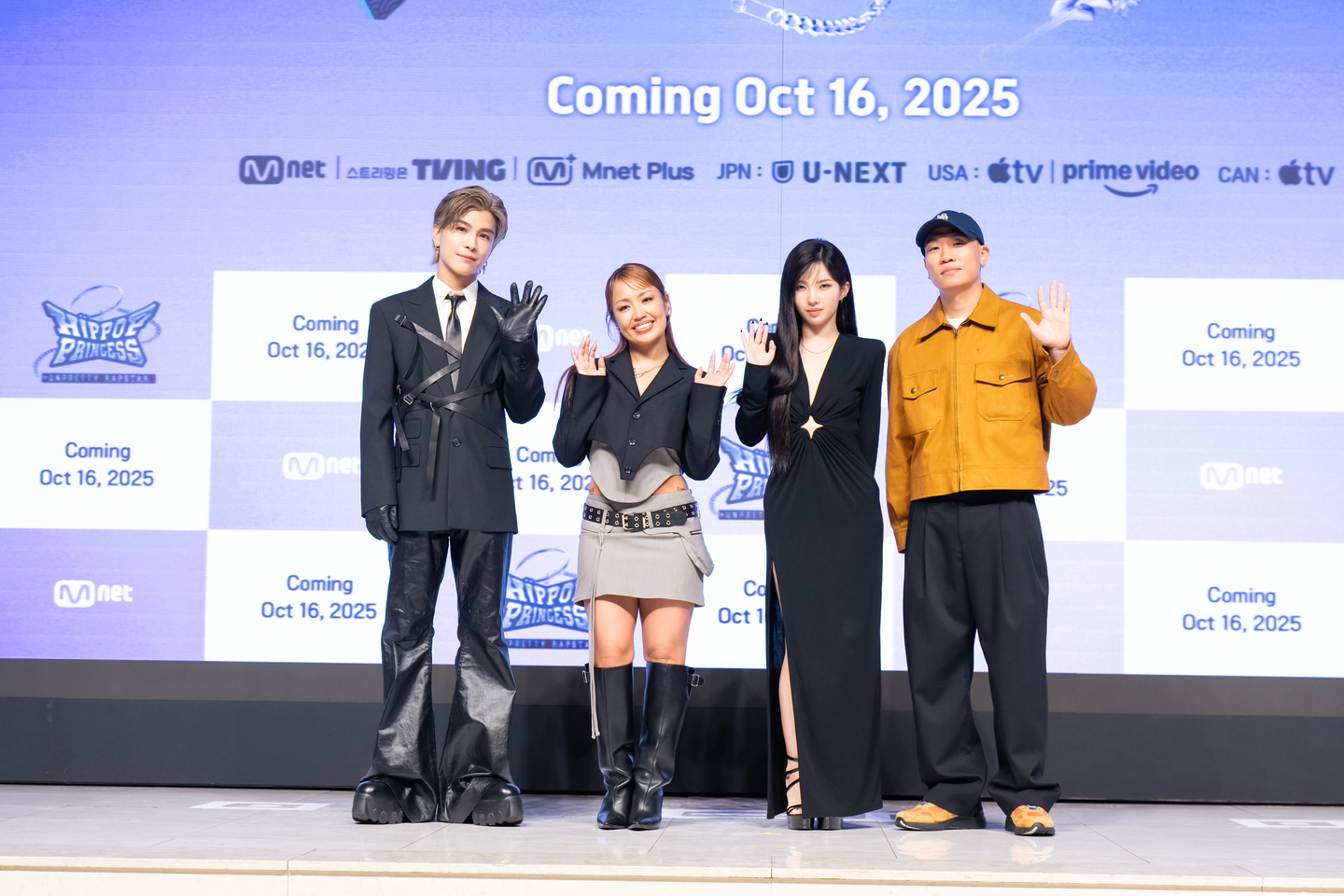 ″From left: Singer-actor Takanori Iwata, dancer Riehata, i-dle's Soyeon and Dynamic Duo's Gaeko pose for photos during a press conference in southern Seoul on Oct. 15 ahead of the premiere of ″Unpretty Rapstar: Hip Pop Princess″ on Oct. 16. [CJ ENM]