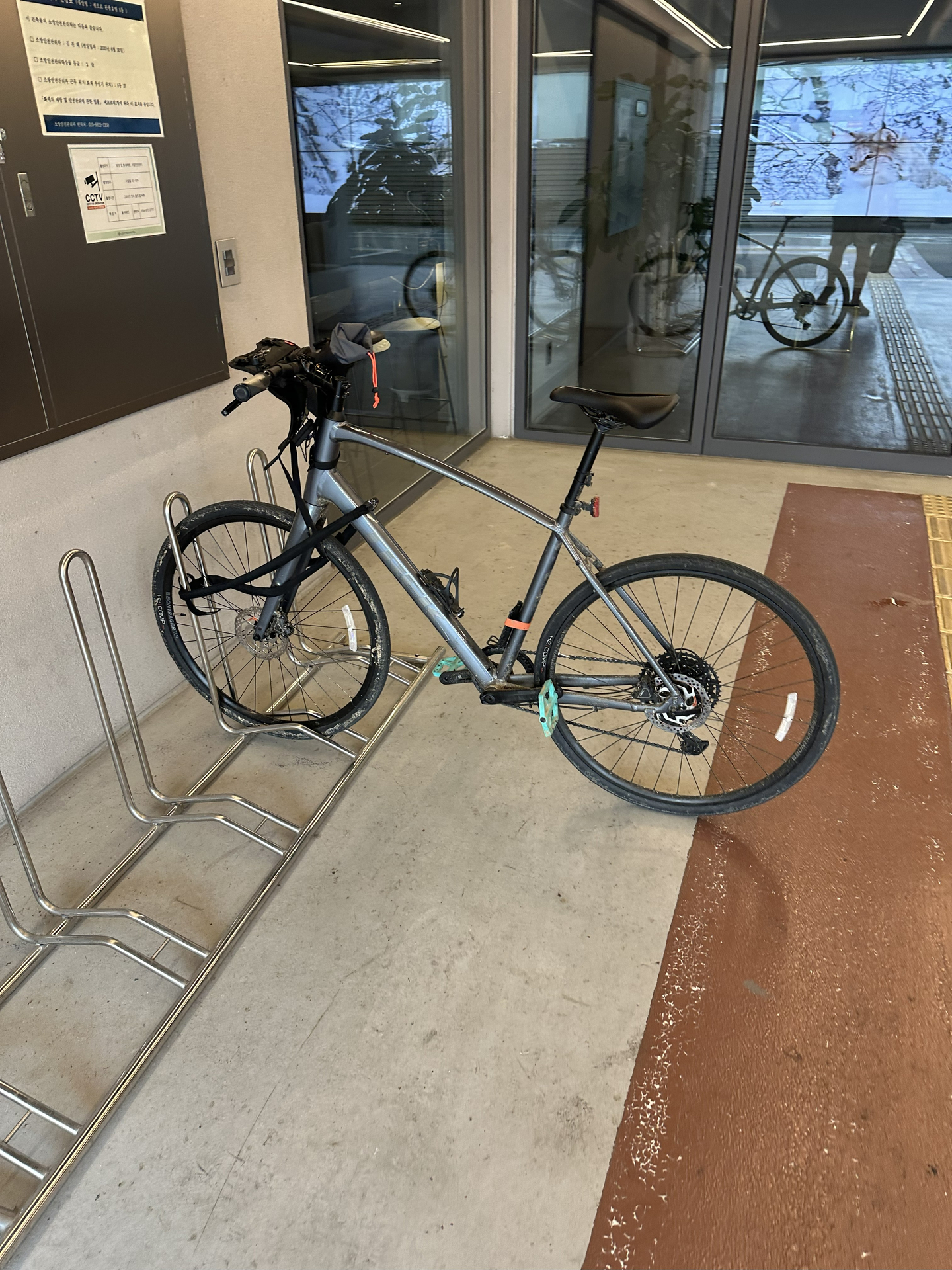 Dedicated bike parking right outside the front door of a hotel in Chilgok, North Gyeongsang on Sept. 30.  [JIM BULLEY]