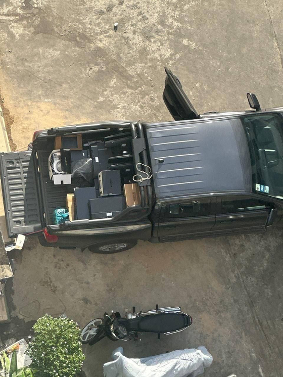 A photo posted on Telegram shows a large van in a neighborhood in Sihanoukville, Cambodia [SCREEN CAPTURE]