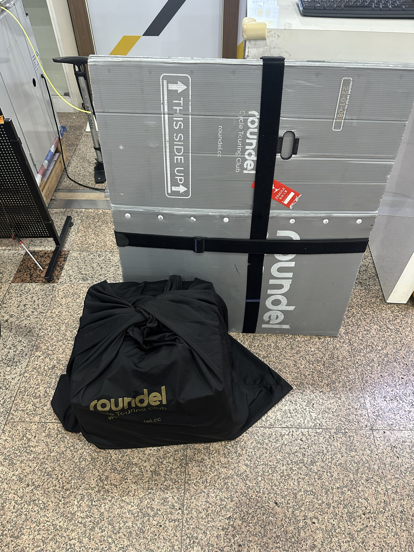 A Roundel bike box rental kit collected at Gimhae International Airport on Oct. 3.  [JIM BULLEY]