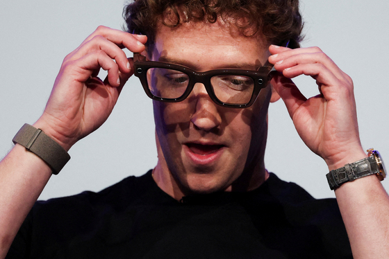 Meta CEO Mark Zuckerberg wears the Meta Ray-Ban Display glasses as he delivers a speech presenting the new line of smart glasses during the Meta Connect event at the company's headquarters in Menlo Park, California on Sept. 17. [REUTERS/YONHAP] 