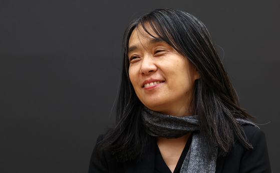 Han Kang, recipient of the 2024 Nobel Prize in Literature, answers questions from reporters during a press conference at the office of her Swedish-language publisher, Natur & Kultur, in Stockholm, Sweden, on Dec. 11, 2024. [YONHAP]