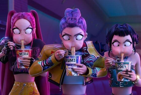 A scene from Netflix's ″KPop Demon Hunters," where characters are seen eating ramyeon [NETFLIX]