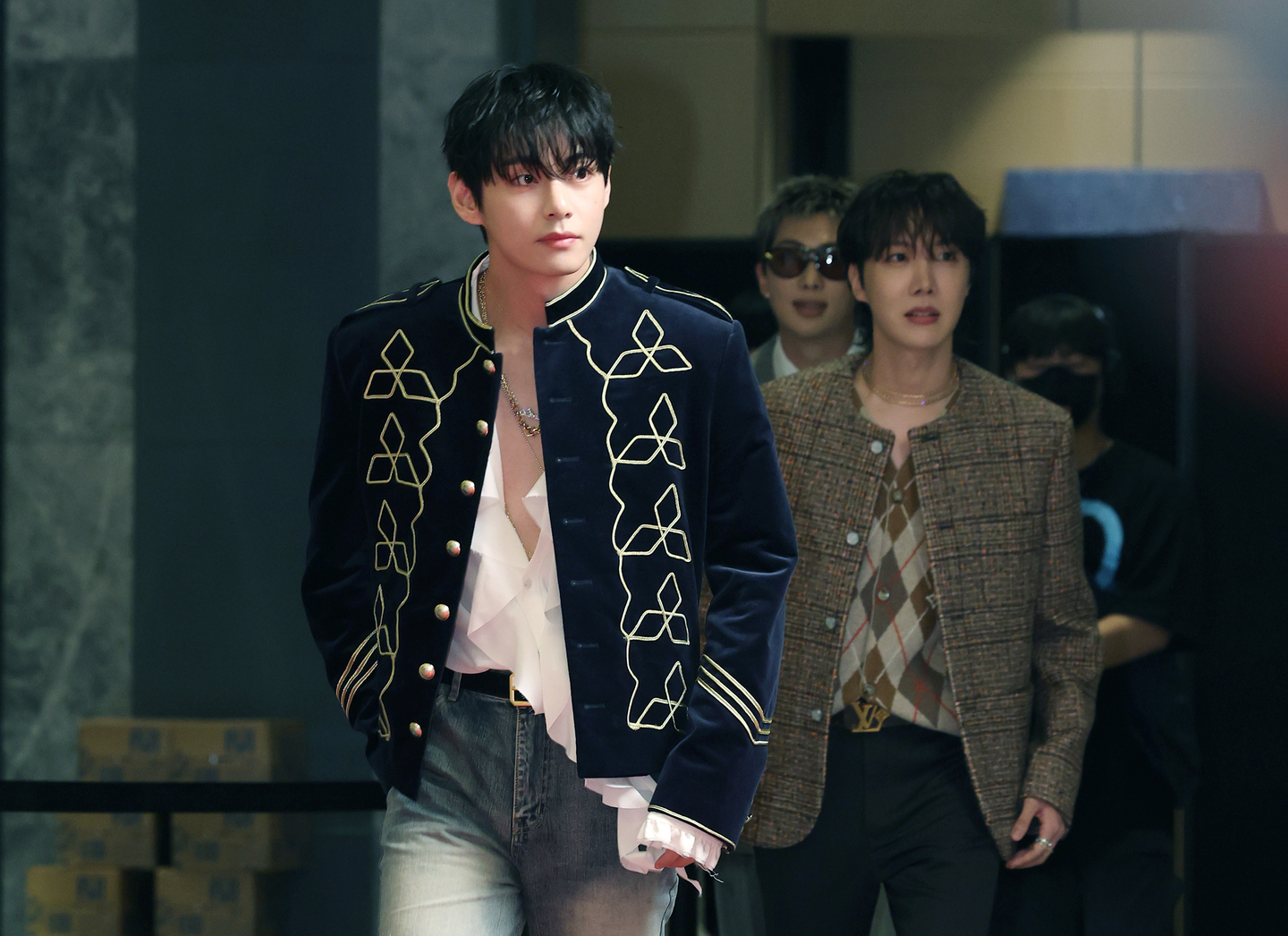 BTS's V and J-Hope attend the “Love Your W 2025” breast cancer awareness campaign event at the Four Seasons Hotel in Jongno District, central Seoul on Oct. 15. [NEWS1]