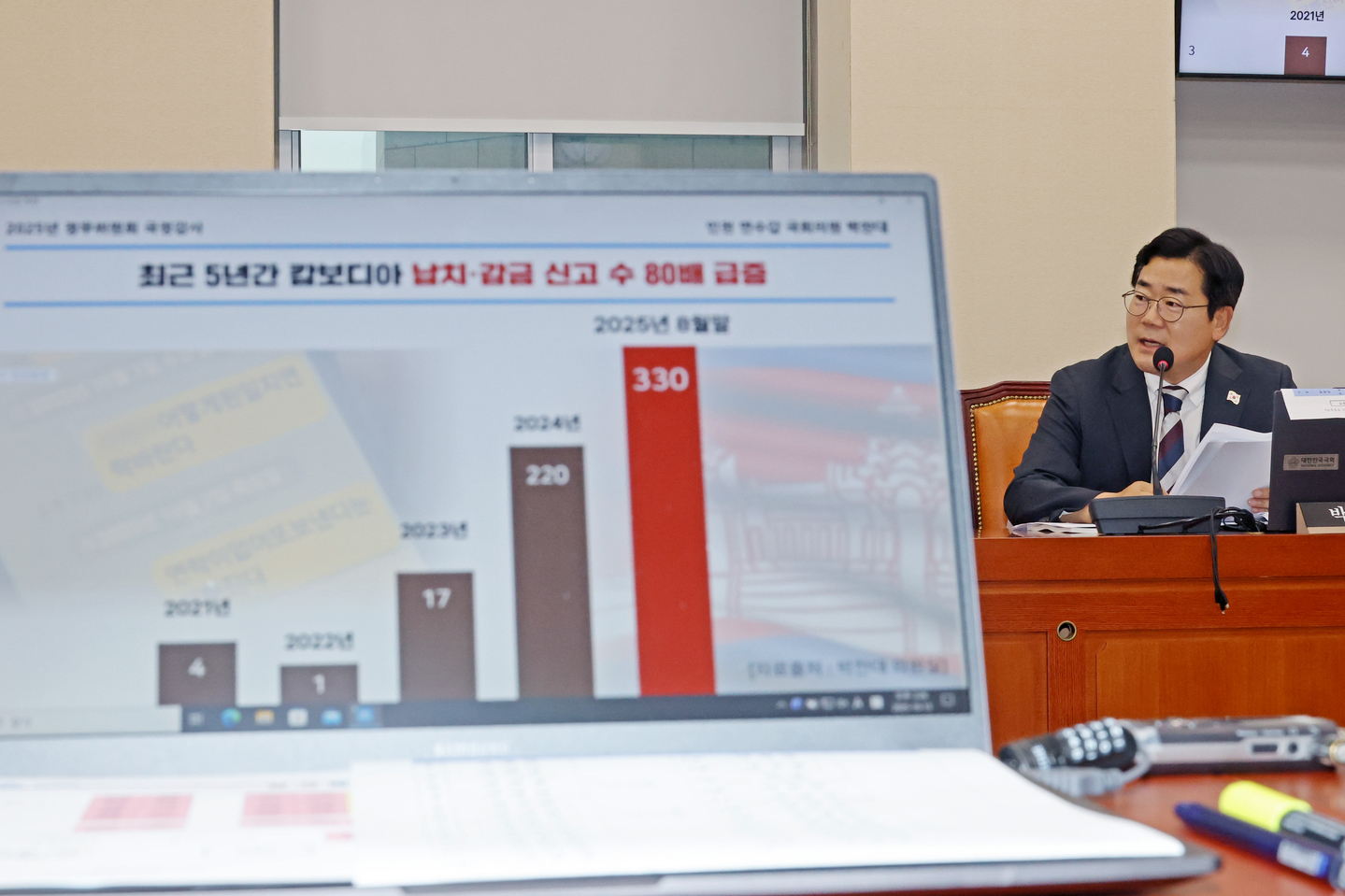 Rep. Park Chan-dae of the Democratic Party, shown in the image, questions chief of the Office for Government Policy Coordination Yoon Chang-ryeol about the abduction of a Korean national in Cambodia during a parliamentary audit by the National Policy Committee at the National Assembly in Seoul on Oct. 13. [YONHAP]
