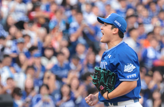 Samsung Lions starter Choi Won-tae celebrates after striking out Kwon Kwang-min of the Hanwha Eagles during Game 2 of the second-round series in the KBO postseason at Daejeon Hanwha Life Ballpark in the central city of Daejeon on Oct. 19, 2025. [YONHAP]