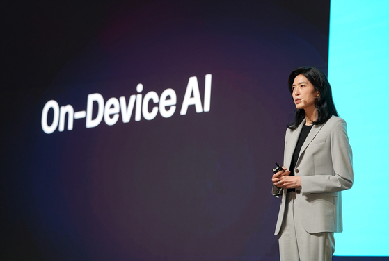 Kakao CEO Chung Shin-a delivers a keynote speech during the if(kakao) conference held at Kakao AI Campus in Yongin, Gyeonggi, on Sept. 23. [KAKAO]