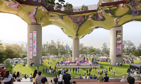 A rendered image shows a bird’s-eye view of the planned Nodeul Global Arts Island in Seoul. [SEOUL METROPOLITAN GOVERNMENT]