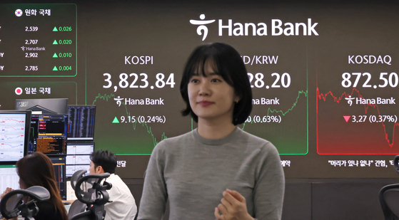The Kospi closes at a record high of 3,823.84 at a Hana Bank trading room in Jung District, central Seoul, on Oct. 21. [NEWS1]