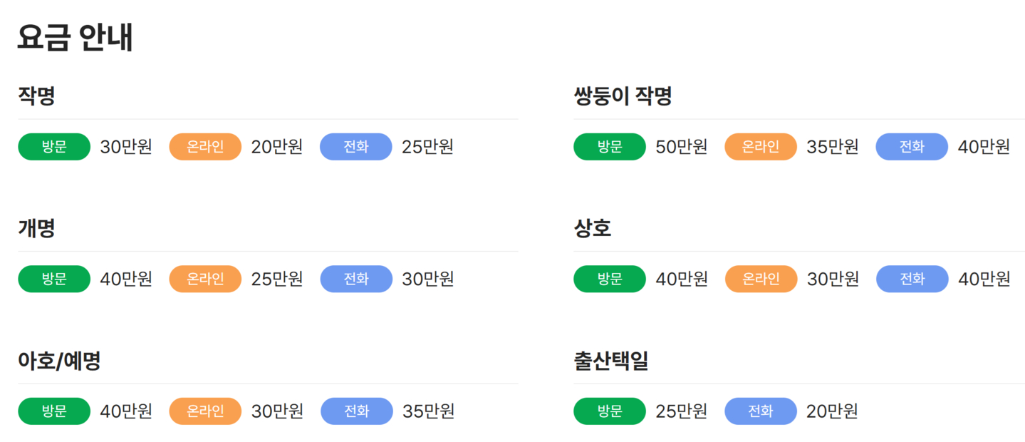 The price range of getting a name made by a professional fortune reader in Korea, as displayed on a website [SCREEN CAPTURE]