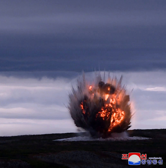 A short-range ballistic missile (SRBM) launched by North Korea is seen exploding on Sept. 19, 2024, in this file photo released by the state-run Korean Central News Agency. [KOREAN CENTRAL NEWS AGENCY]