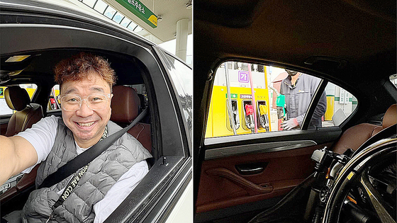 Singer Kang Won-rae shares a photo on Facebook on Oct. 12, saying that while he was once denied assistance at a self-service gas station, staff at a station in Yongin, Gyeonggi, warmly welcome him. A wheelchair is visible behind the driver’s seat, right. [SCREEN CAPTURE]