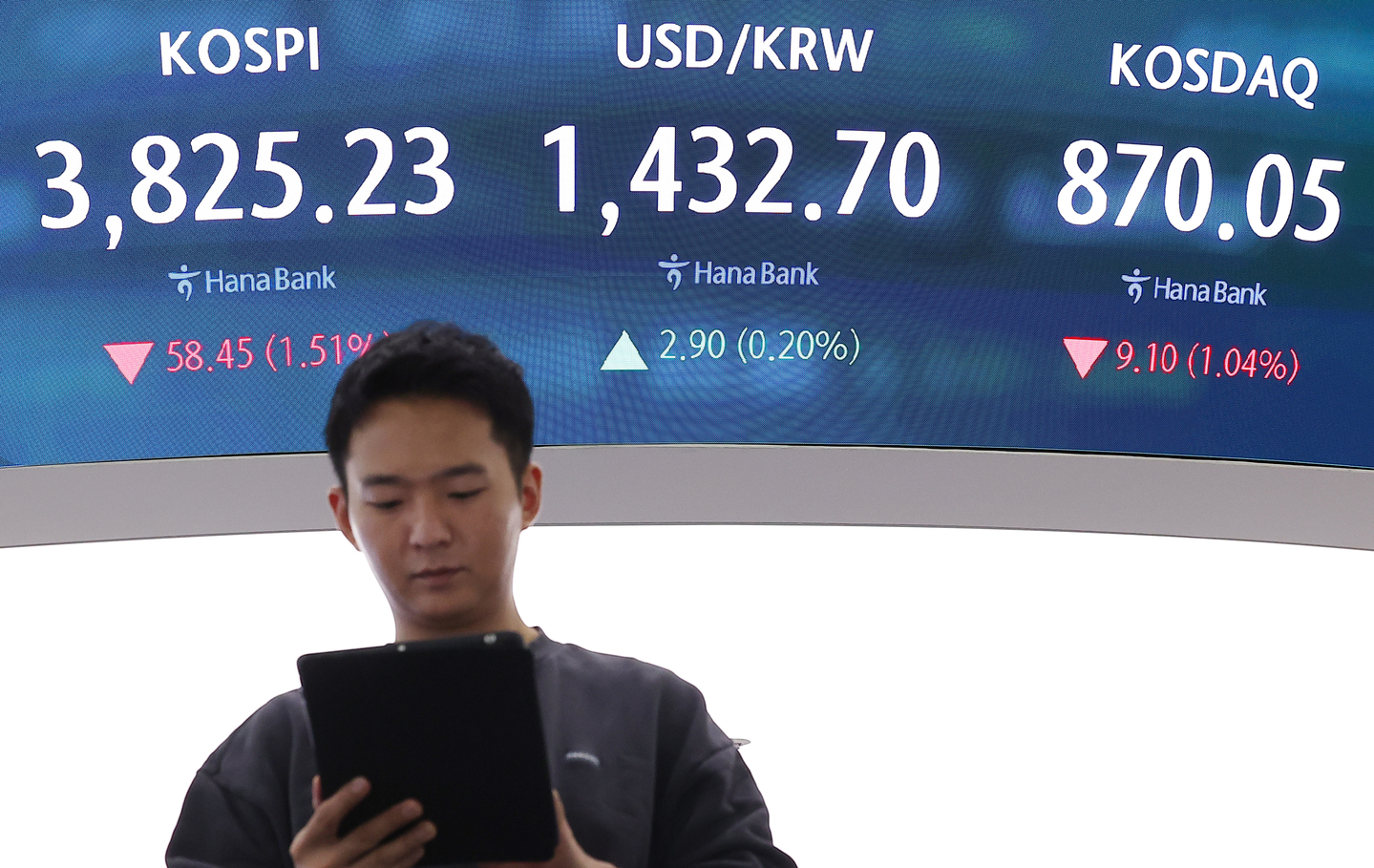A screen in Hana Bank's trading room in central Seoul shows the Kospi opening on Oct. 23. [YONHAP] 