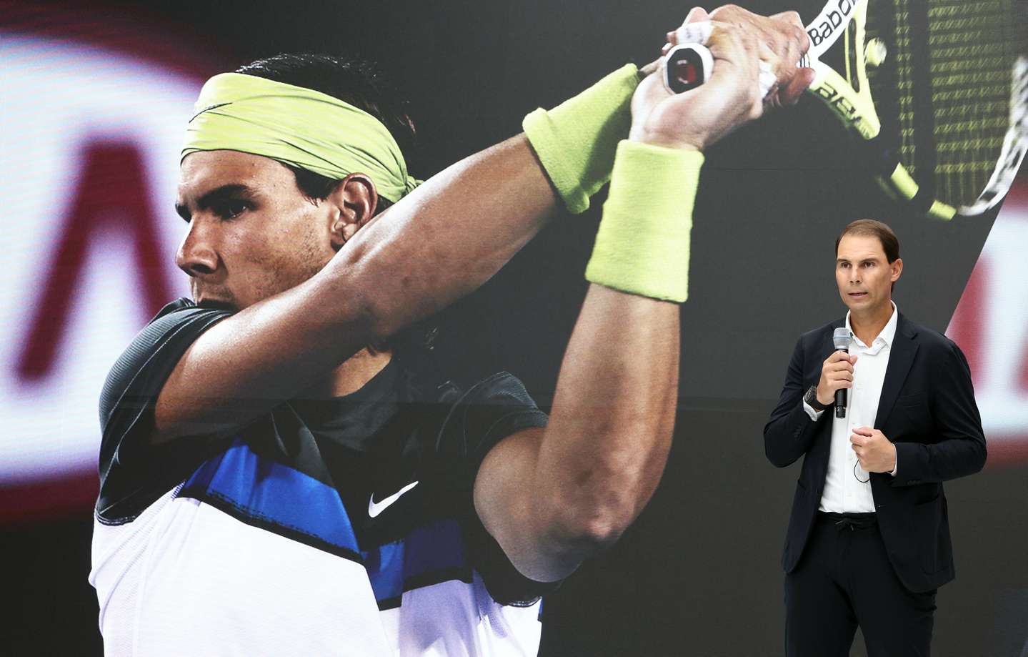 Rafael Nadal delivers opening remarks at a partnership extension event held at Kia Unplugged Ground in eastern Seoul on Oct. 23. [YONHAP]
