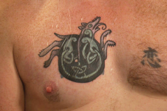 In this photo provided by WGME, Graham Platner, a democratic candidate for U.S. Senate, shows a cover-up tattoo that had previously been an image recognized as a Nazi symbol, during an interview on Oct. 22, in Portland, Maine. [AP/YONHAP]