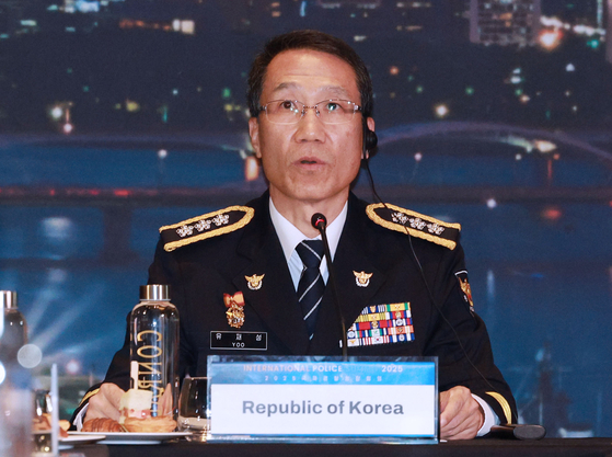 Yoo Jae-sung, the acting commissioner general of the National Police, speaks at the inauguration ceremony for the “International Investigative Cooperation Alliance” at the Conrad Seoul hotel in Yeongdeungpo District, western Seoul on Oct. 23. [YONHAP]