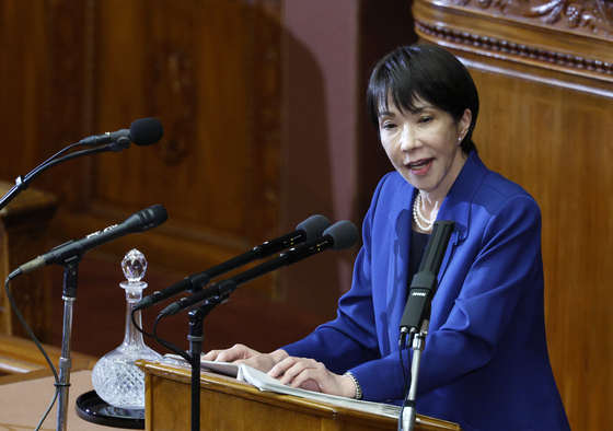 Japan's new Prime Minister Sanae Takaichi delivers a policy speech at the Diet in Tokyo on Oct. 24. [EPA/YONHAP]