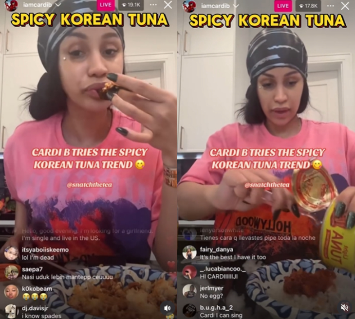U.S. rapper Cardi B eats Korean spicy tuna mixed with mayonnaise and chili sauce along with rice and gim (dried seaweed) in an Instagram Live session, as seen in an edit of the video. [SCREEN CAPTURE]