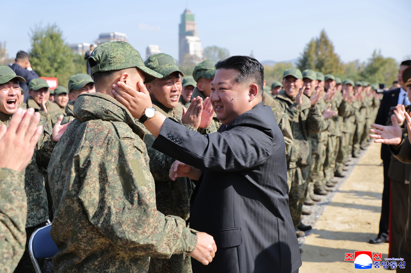 North Korea's leader Kim Jong-un, center, attends a groundbreaking ceremony on Oct. 23, for a memorial museum in Pyongyang to honor its troops who died while fighting alongside Russia in the war with Ukraine. [KCNA]