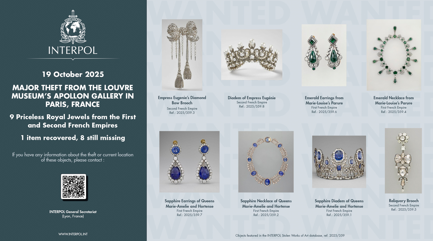 This photo provided Oct. 23 by Interpol and taken from its website shows the jewels stolen in the Louvre museum on Sunday Oct.19, 2025 in Paris. [AP/YONHAP]