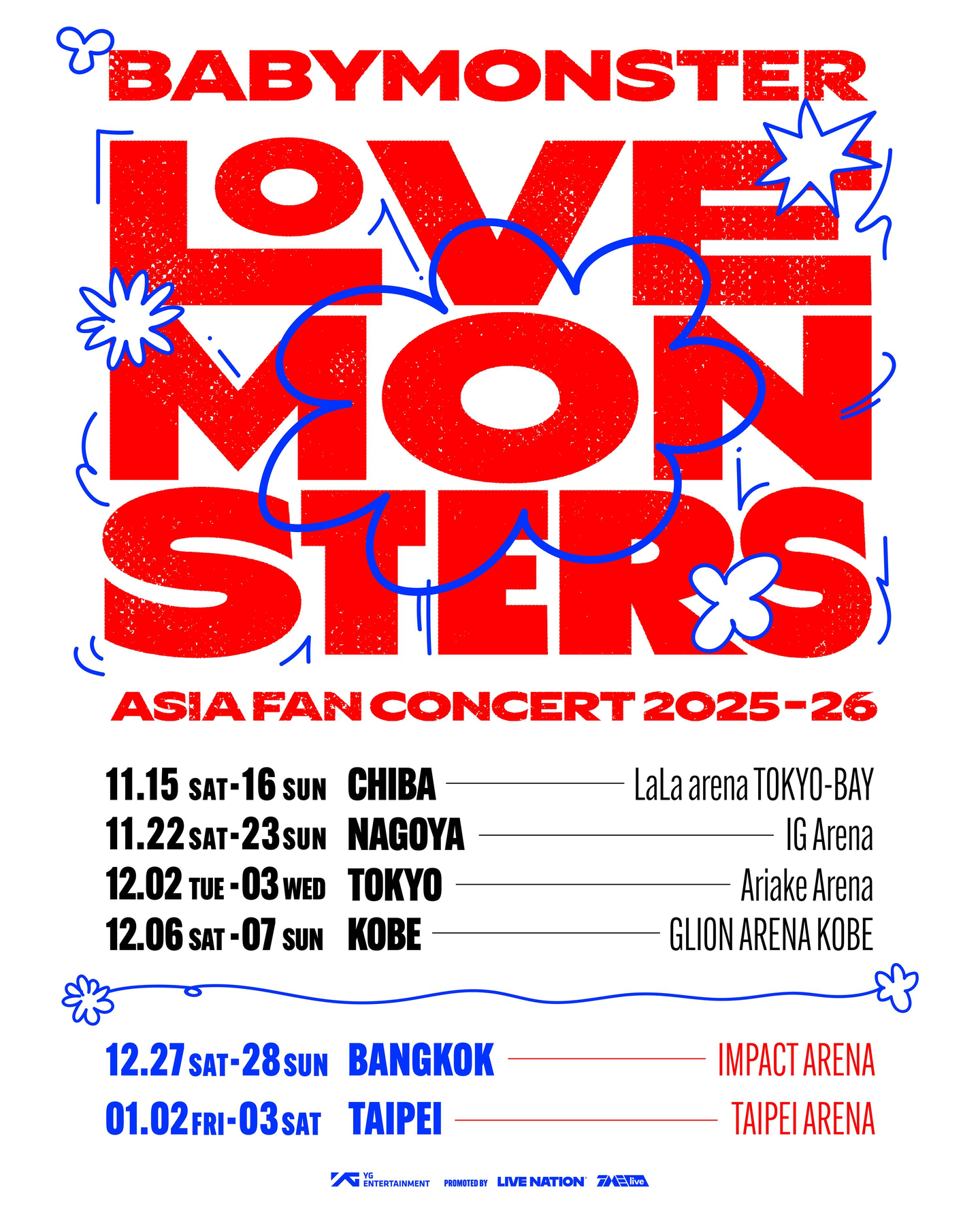 A poster shows schedules and venues for BabyMonster's LOVE MONSTERS ASIA FAN CONCERT. [YG ENTERTAINMENT]