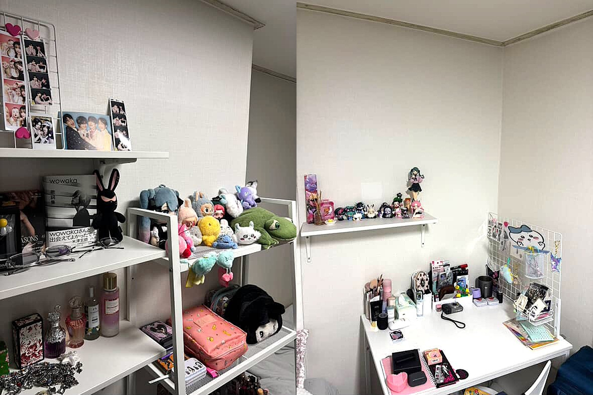 Plushies and action figures are displayed at Mariia Hrabovska's gosiwon (small, affordable single-room housing) room [MARIIA HRABOVSKA]